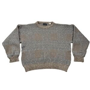Ottimo Vintage Geometric Knit Alpaca Wool Sweater Grey Tan Crewneck Pullover L